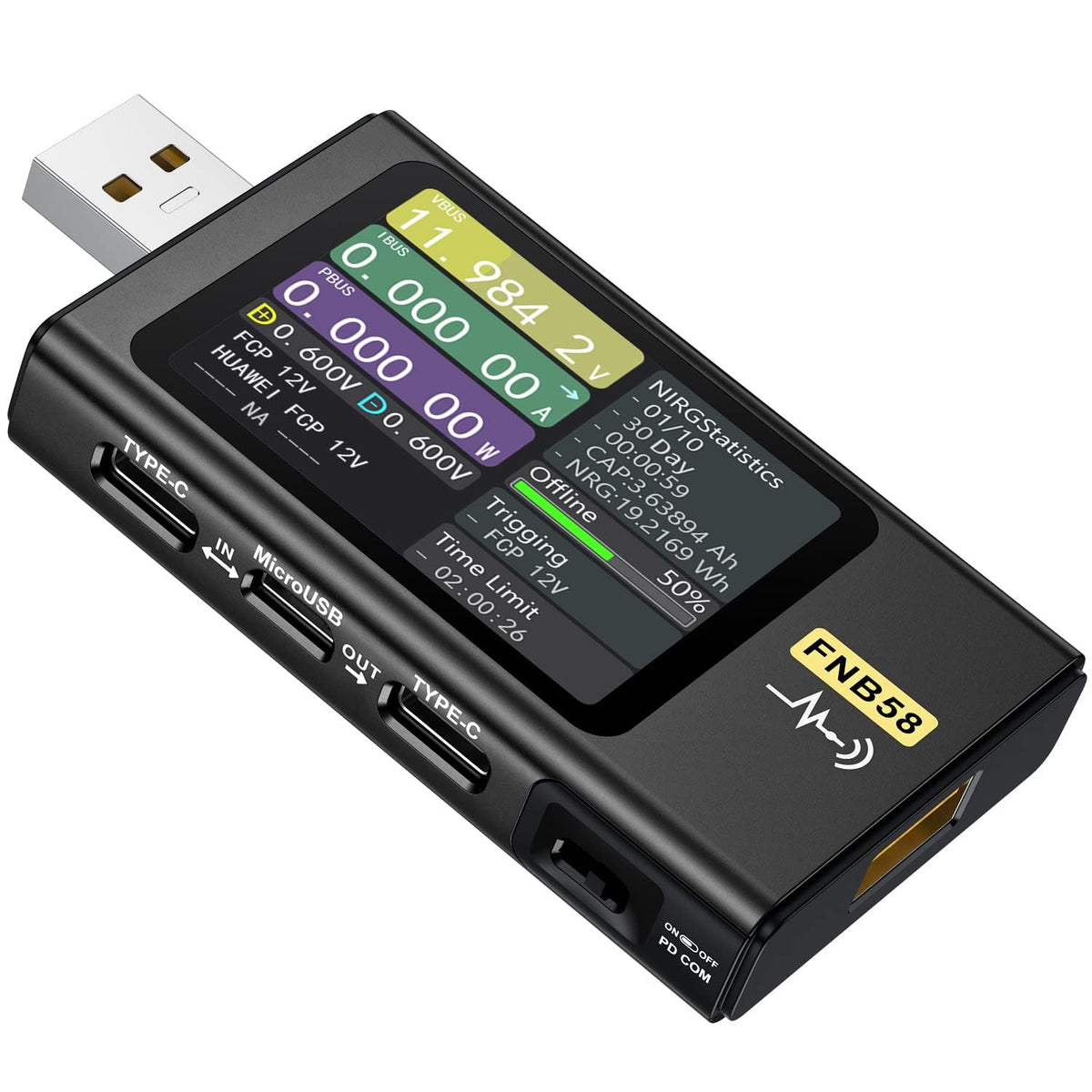 FNIRSI USB Tester LCD display shows clear voltage and current readings for quick checks