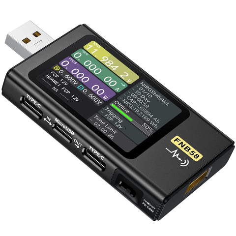 FNIRSI USB Tester LCD display shows clear voltage and current readings for quick checks