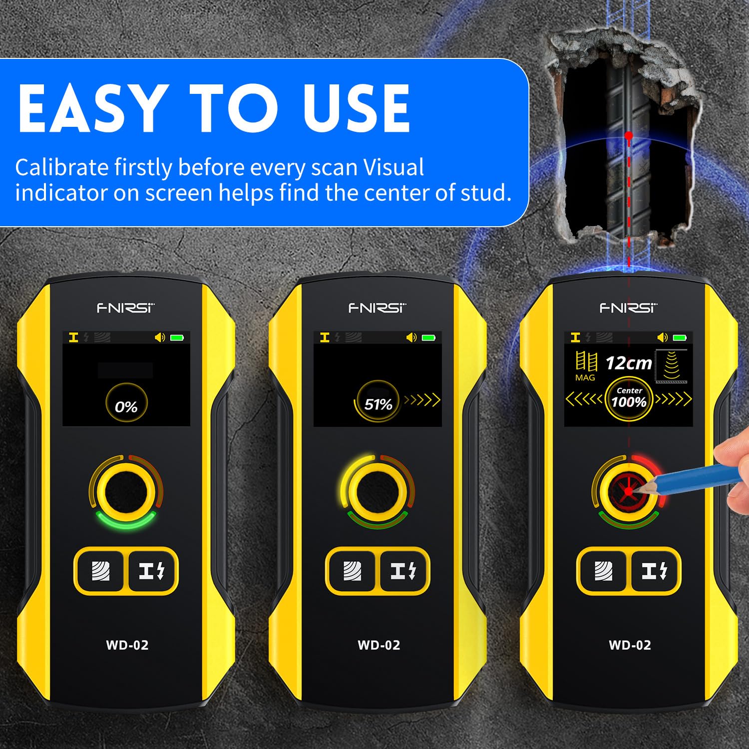 FNIRSI WD-02 metal detection mode identifies concealed metal for safe drilling.