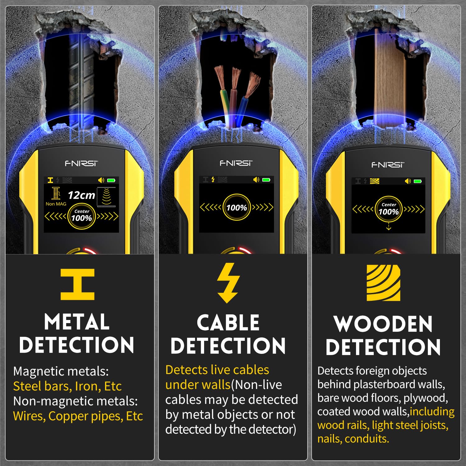 FNIRSI WD-02 detects wood studs behind walls for steady mounting.