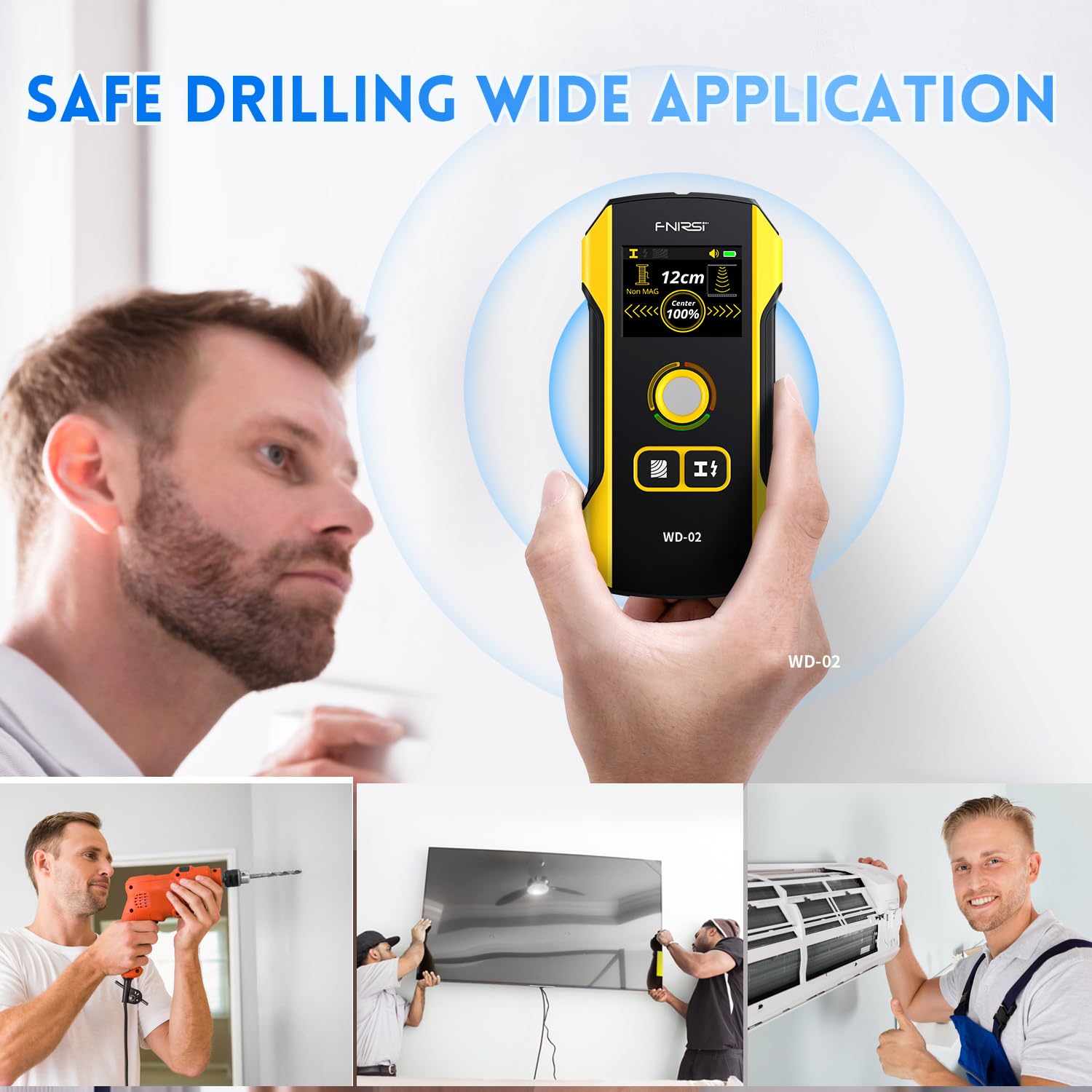 FNIRSI WD-02 wall scanning on diverse surfaces supports secure mounting projects.