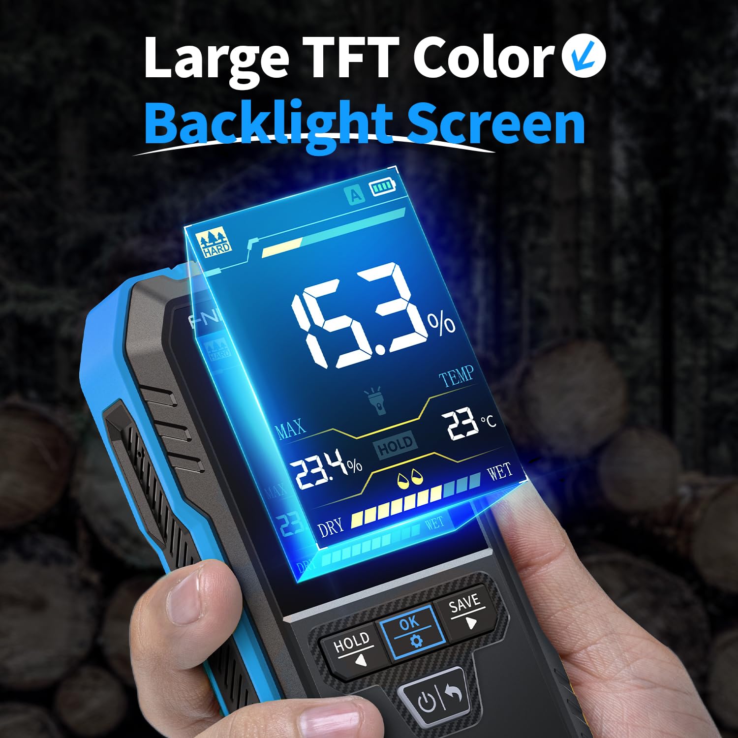 FNIRSI WMT-10 flashlight-enabled meter aiding visibility in dim areas