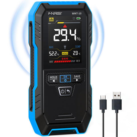 FNIRSI WMT-10 pinless meter display showing moisture readings clearly for wood projects