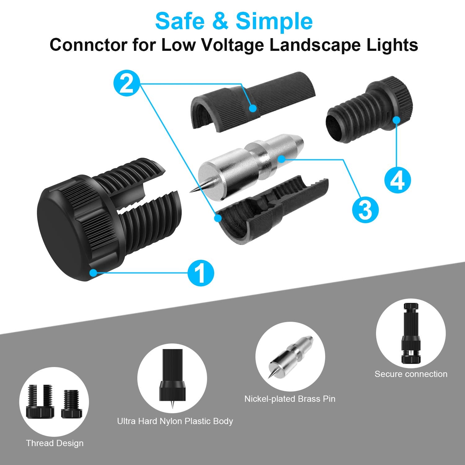 Fntek nickel-plated brass pin provides corrosion-resistant contact for maintenance-free lighting.