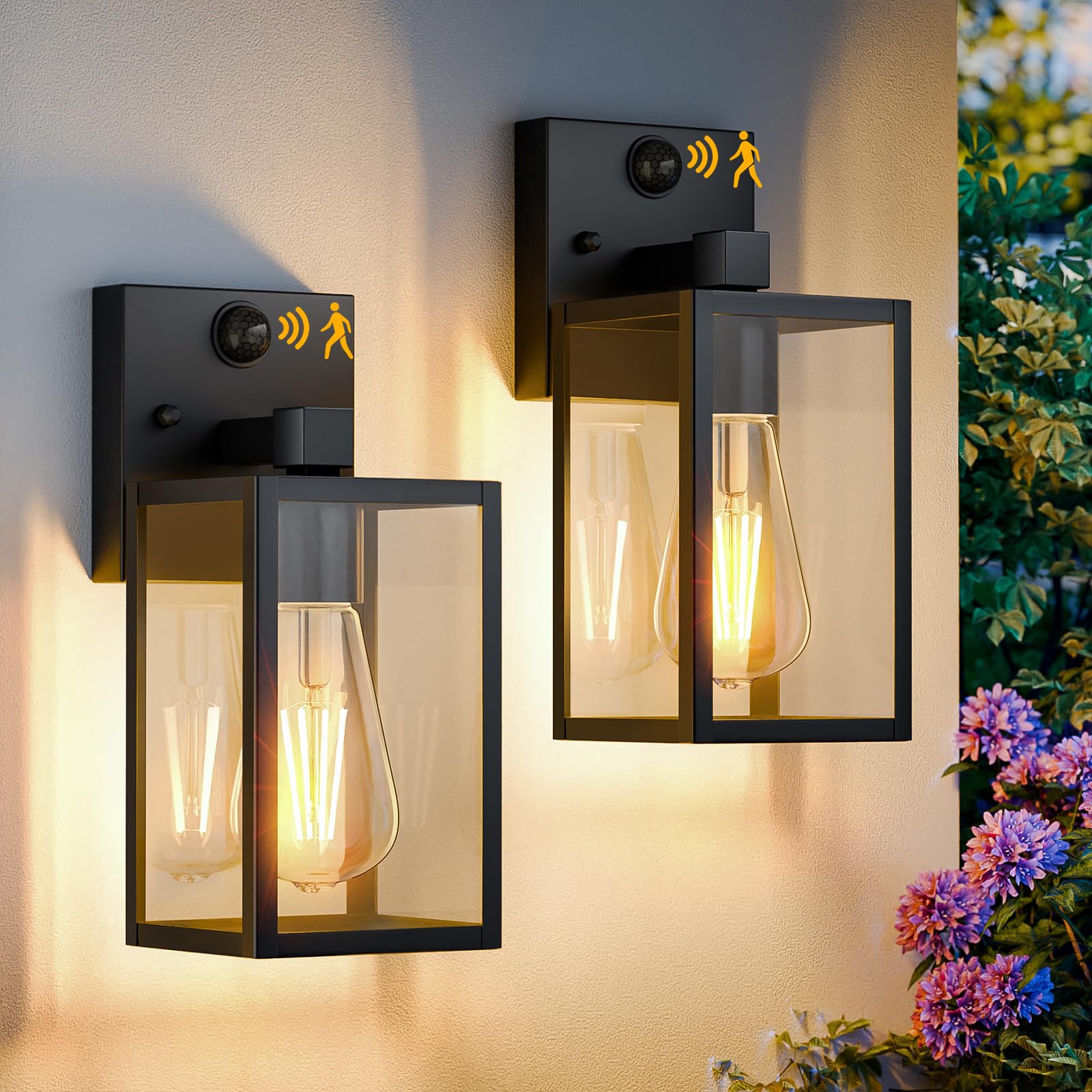 FNYUSLET 2-pack motion sensor outdoor lights illuminate a porch at night.