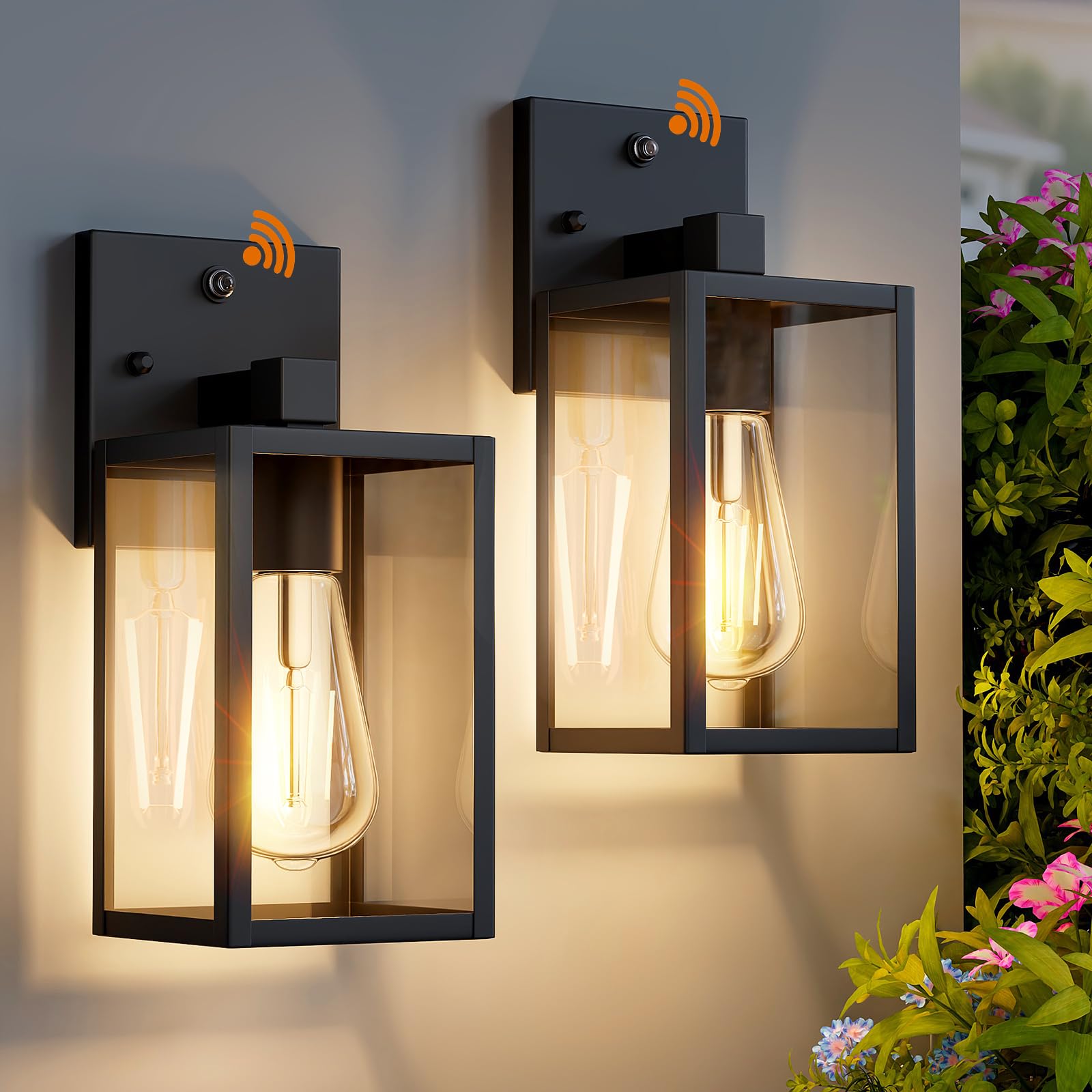 FNYUSLET dusk-to-dawn wall light on front porch with automatic illumination.