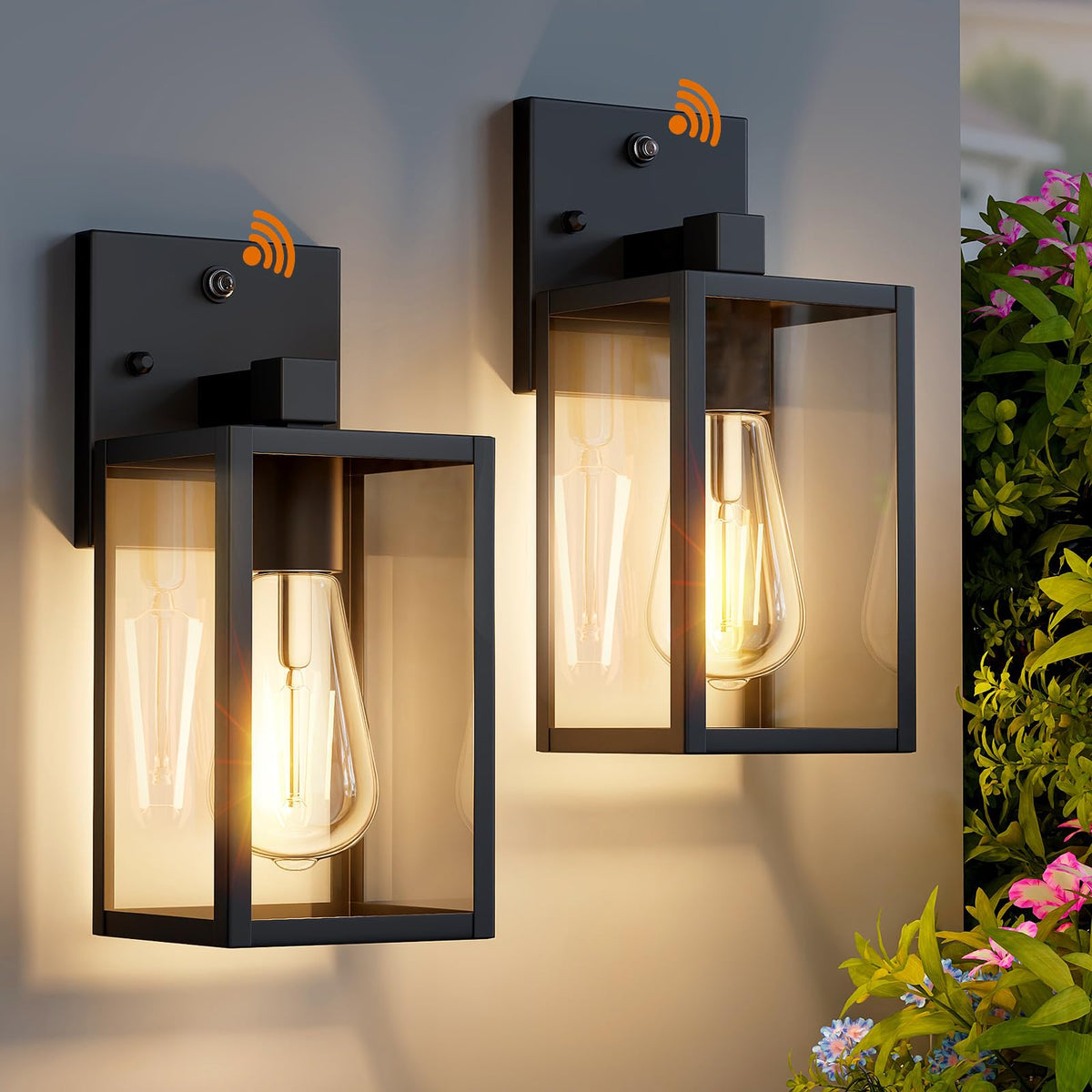 FNYUSLET dusk-to-dawn wall light on front porch with automatic illumination.