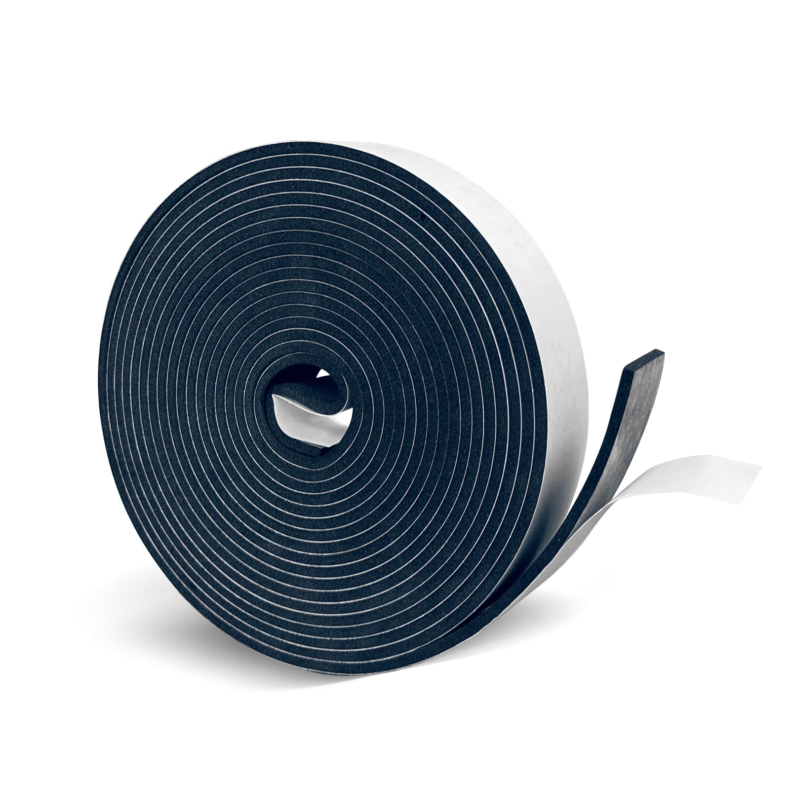 Foam weather strip with self-adhesive backing for door sealing and draft reduction.