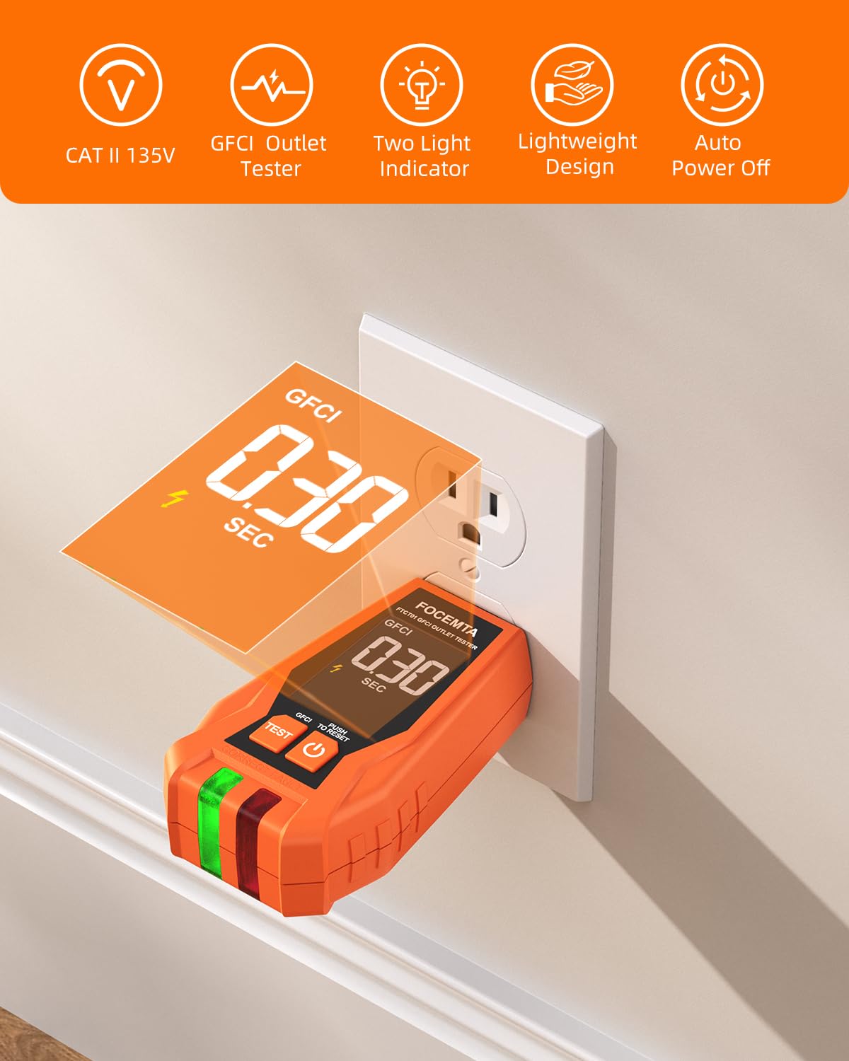 Focemta GFCI tester LED indicator shows trip status clearly for faster checks