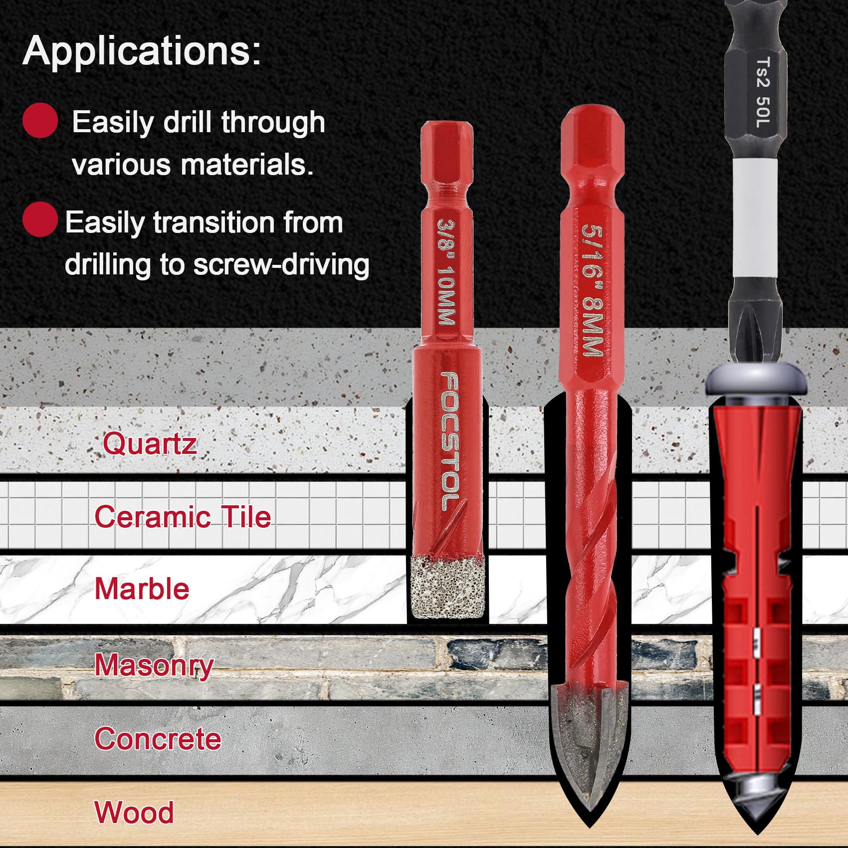 FOCSTOL diamond drill bits with cooling wax for efficient cutting in tile and stone.