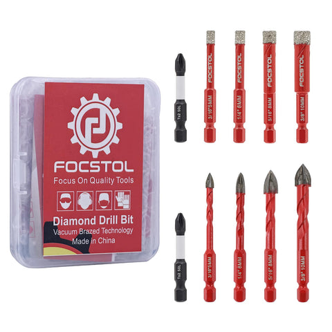FOCSTOL diamond drill bits set 10pcs pack for porcelain, tile, and granite drilling.
