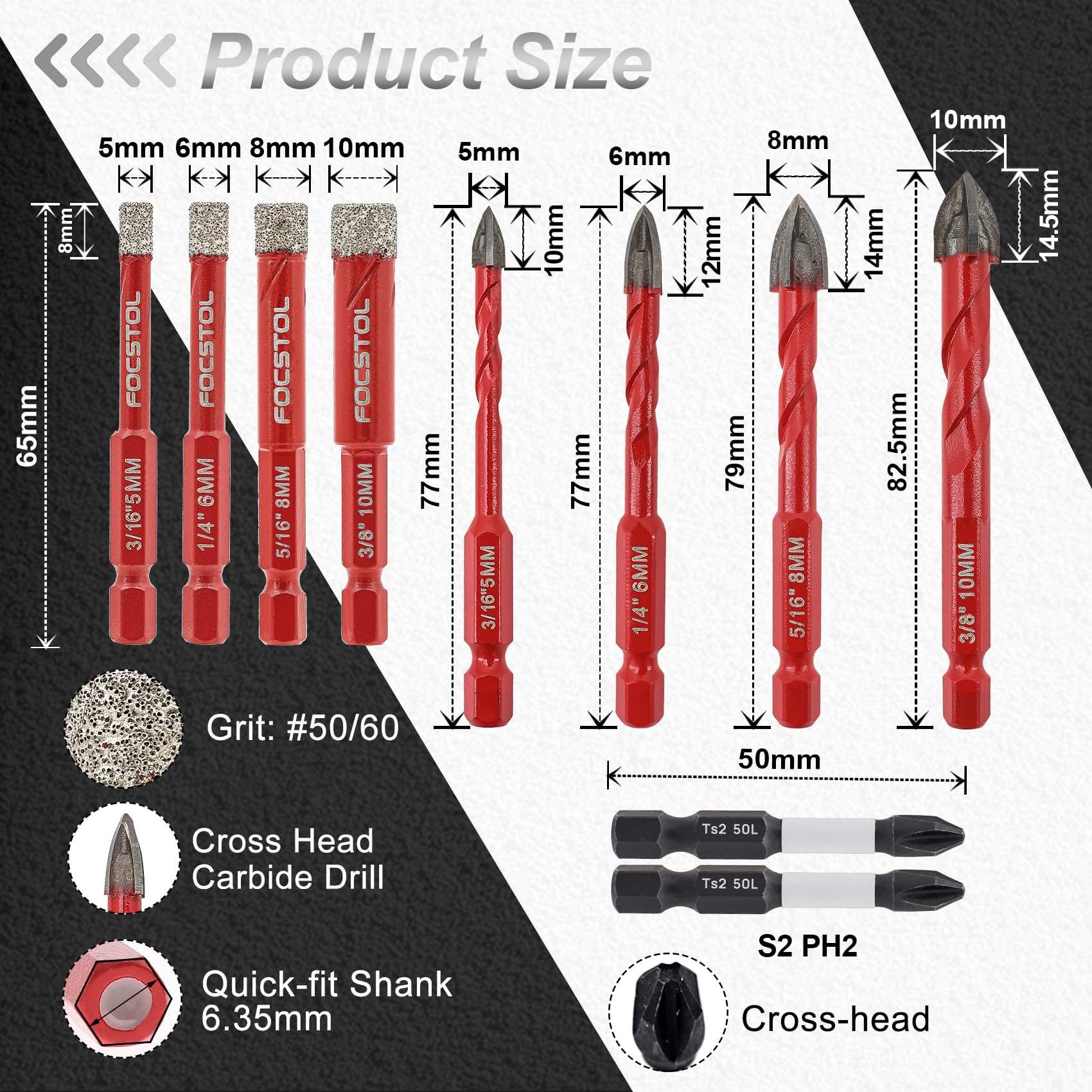 FOCSTOL tile drill bits 3/16 to 3/8 inch for porcelain and glass drilling applications.