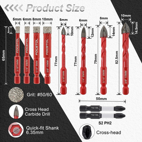 FOCSTOL tile drill bits 3/16 to 3/8 inch for porcelain and glass drilling applications.