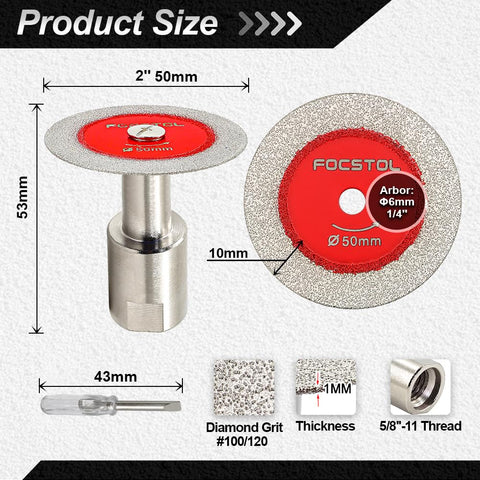 FOCSTOL mini diamond disc close-up highlights 50mm blades for precise cuts.