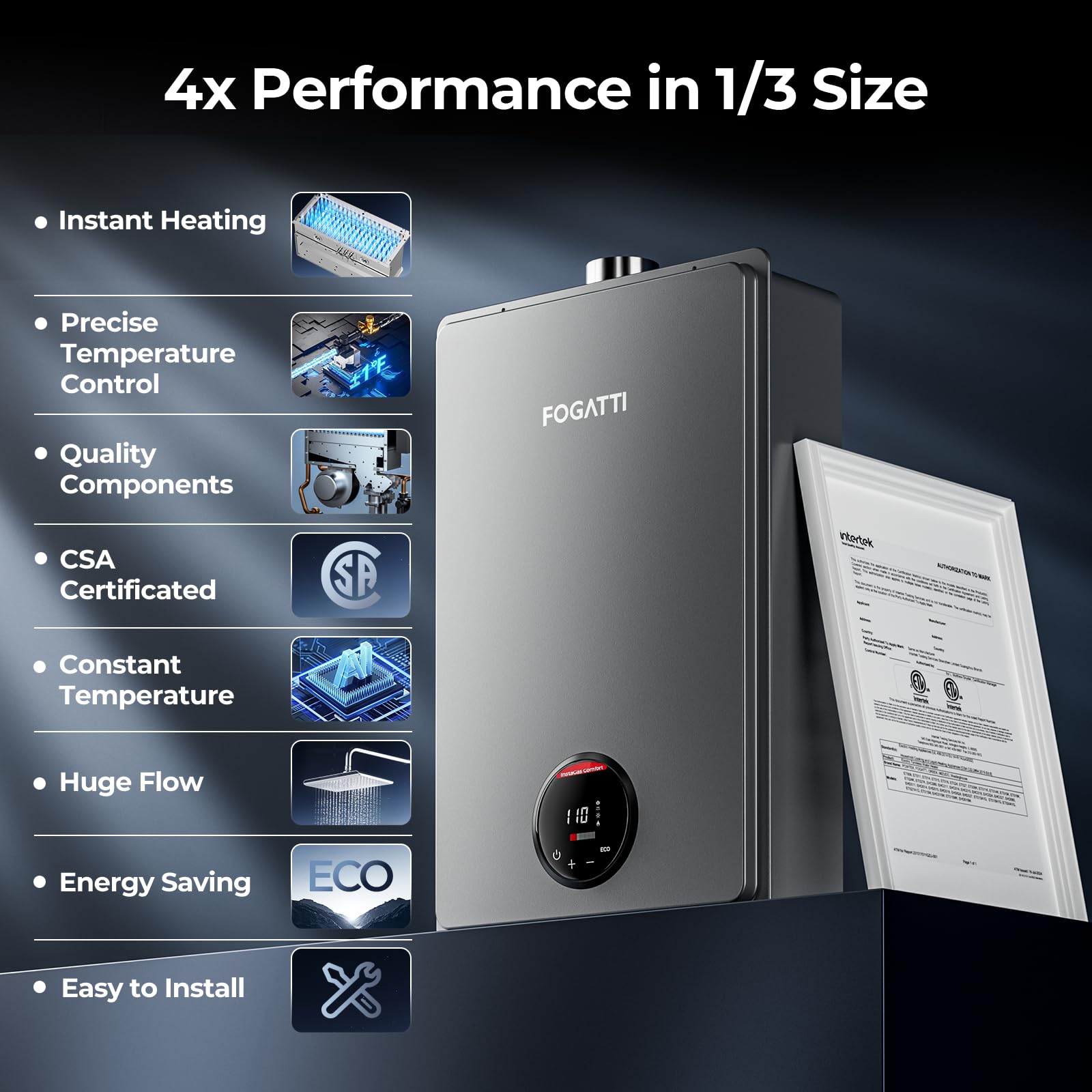 FOGATTI Instagas Comfort 170S flow rate at 7.5 GPM for reliable on-demand hot water.