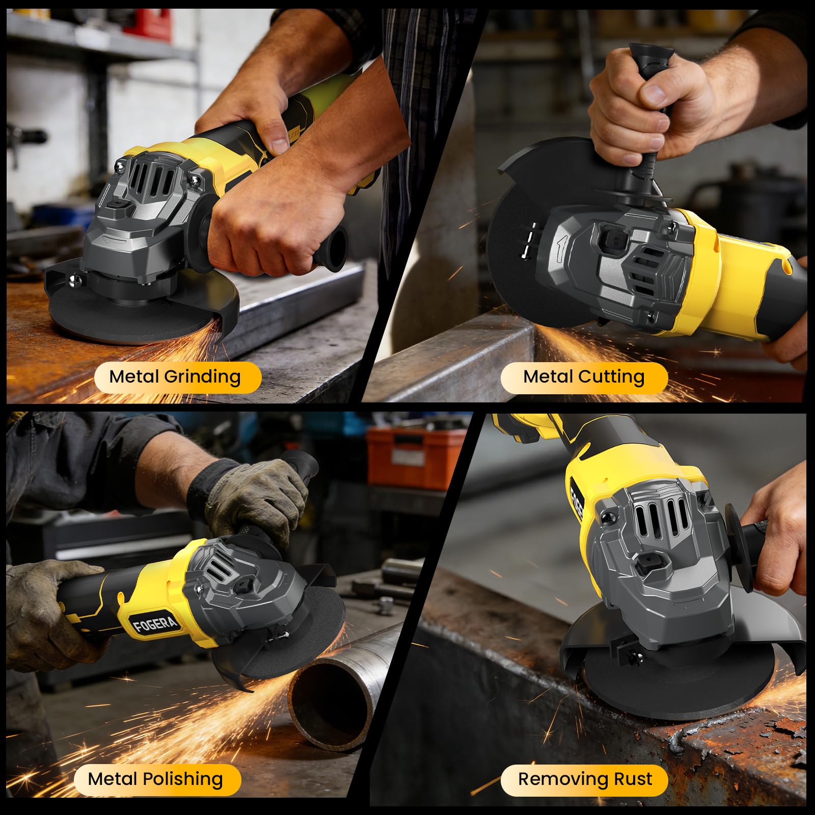Fogera cordless angle grinder compatible with Dewalt 20V MAX batteries for flexible power.