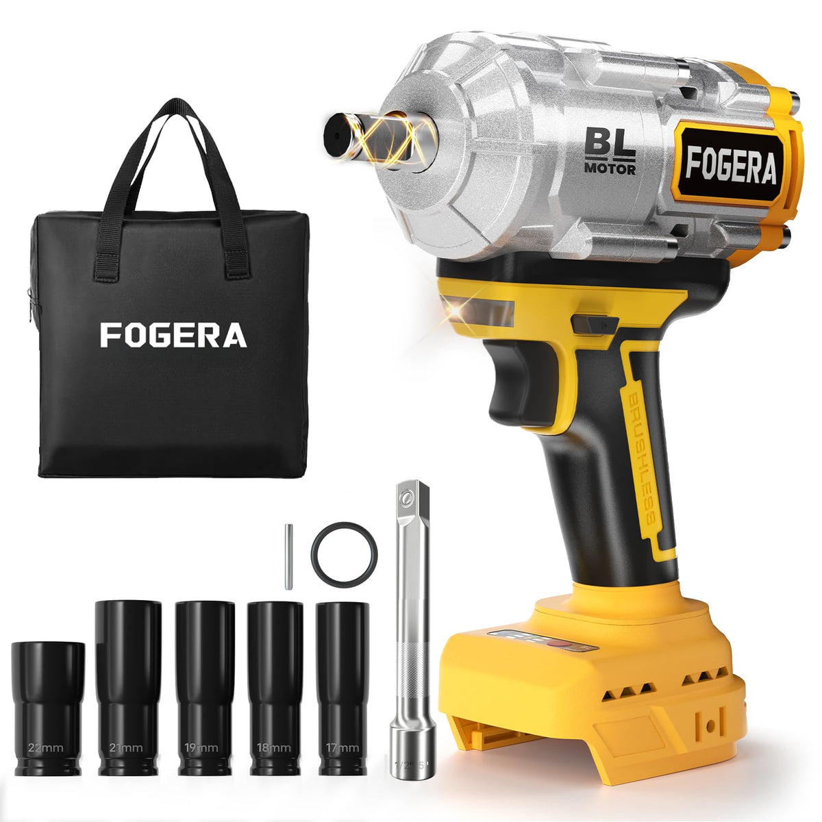 Fogera cordless impact wrench half-inch drive, compact design for tight spaces.