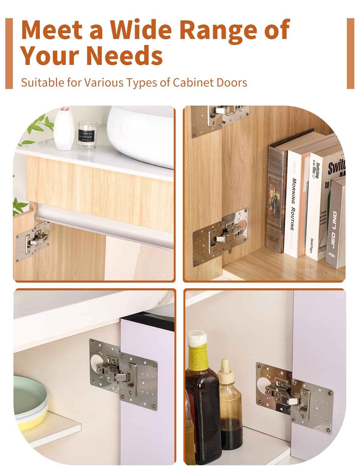FOGZUVR wide-compatibility hinge plates fit most common hinges.