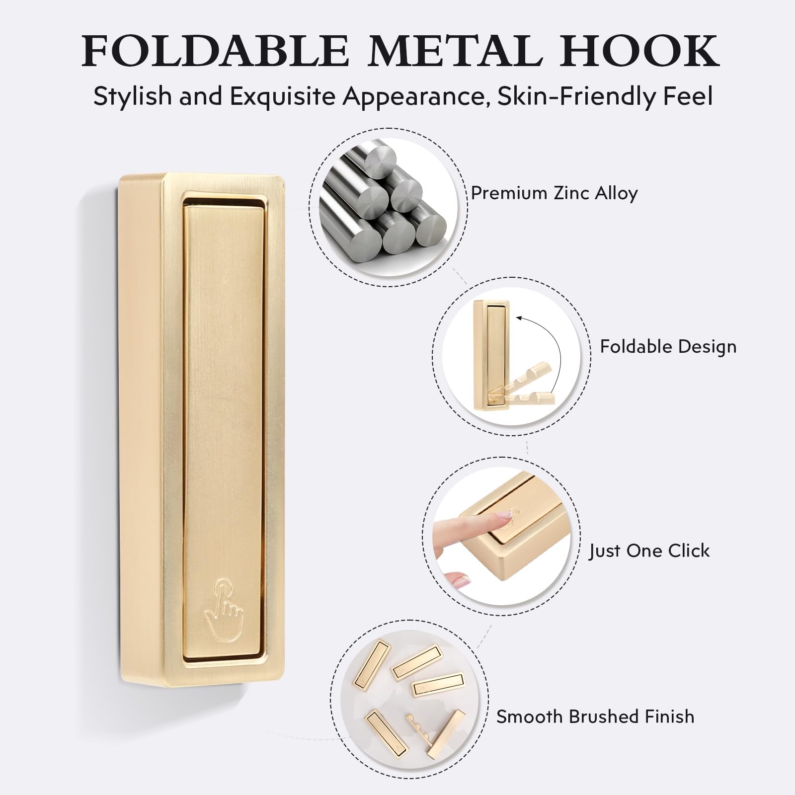 5PCS Foldable Gold Wall Hooks install easily with included screws for quick setup.