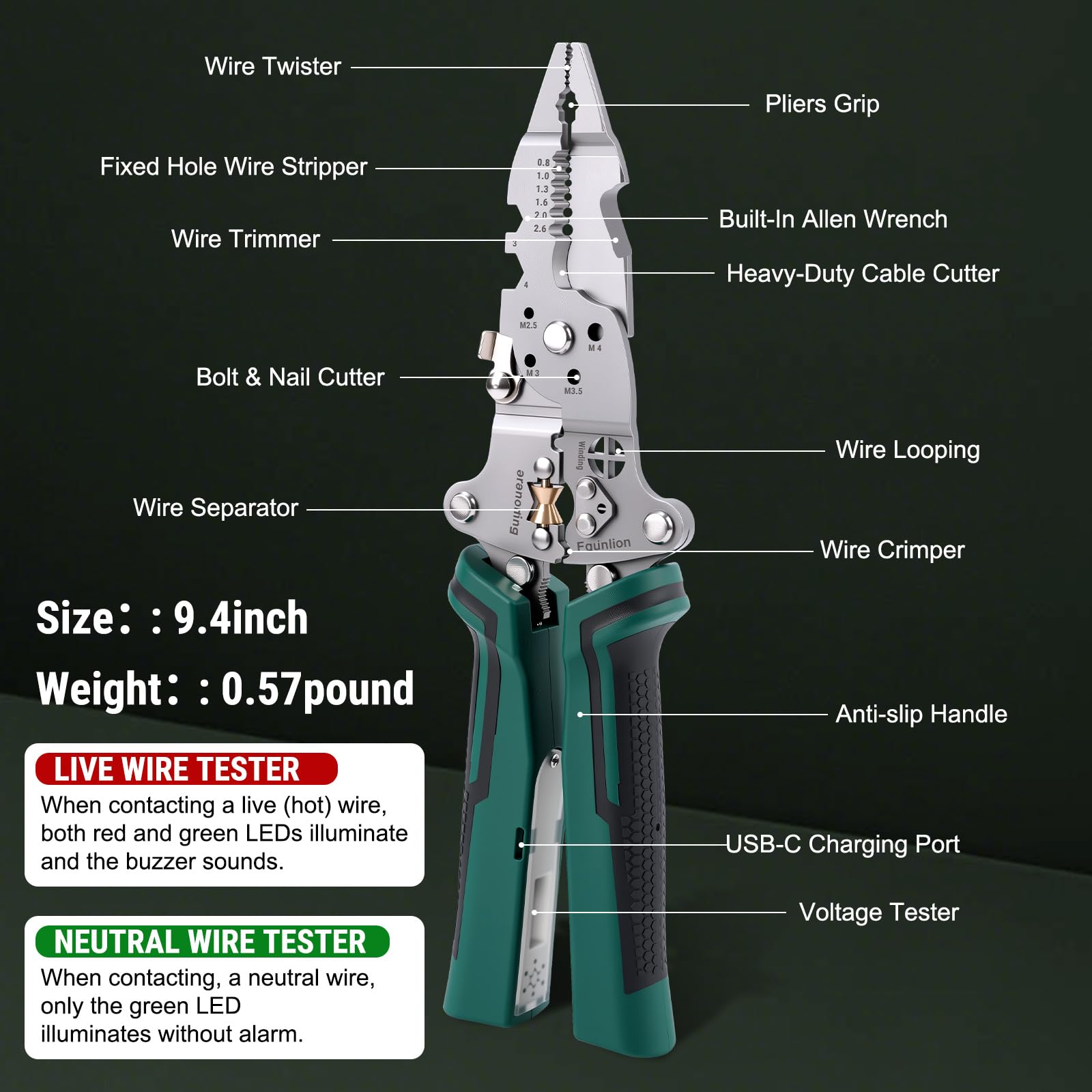 Precision stripping holes 0.8–2.6 mm for versatile wire sizes.