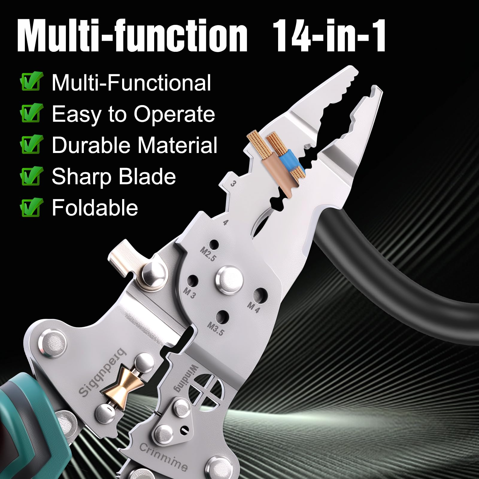 14 in 1 Folding Wire Stripper with built-in voltage tester display.