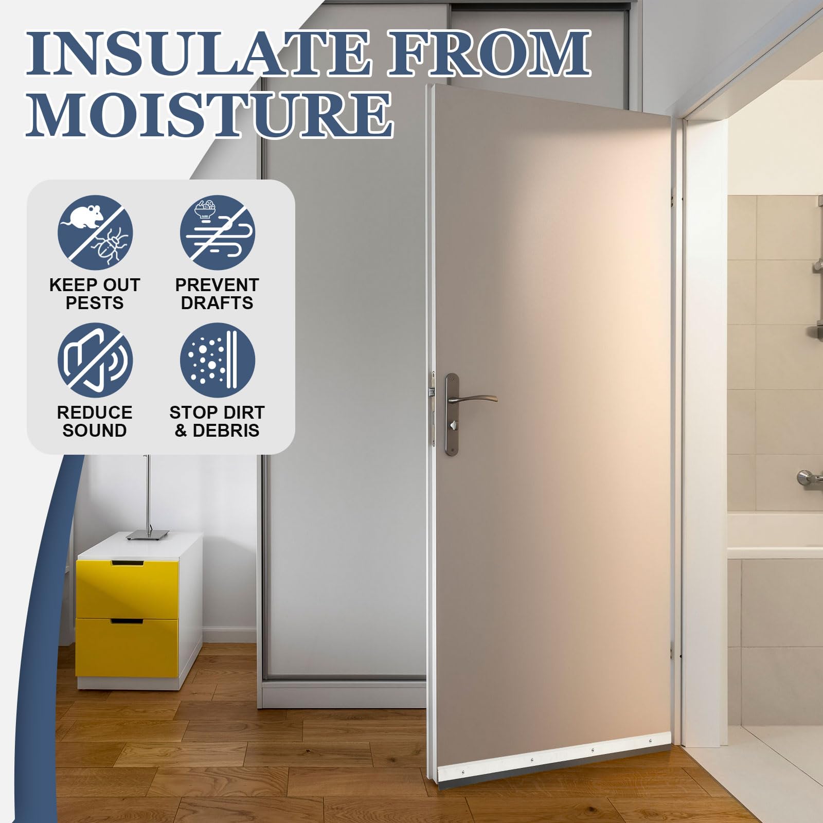 FoldTier door sweep installation image demonstrates quick mounting with screws