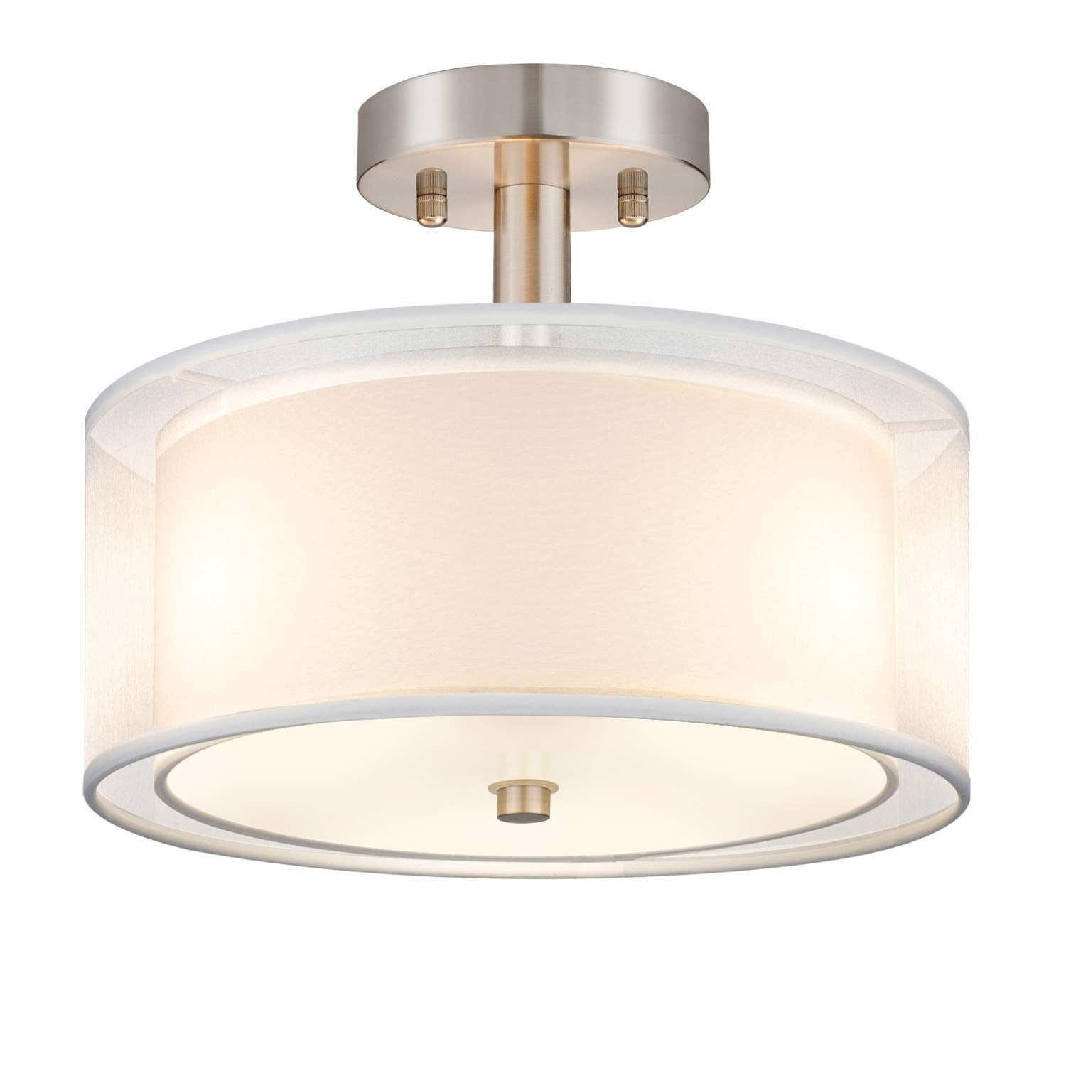 FOLKSMATE 3-light semi-flush drum shade close-up shows brushed nickel finish for versatile spaces.
