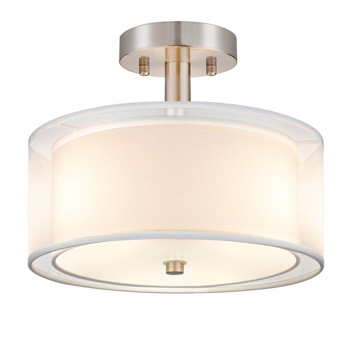 FOLKSMATE 3-light semi-flush drum shade close-up shows brushed nickel finish for versatile spaces.