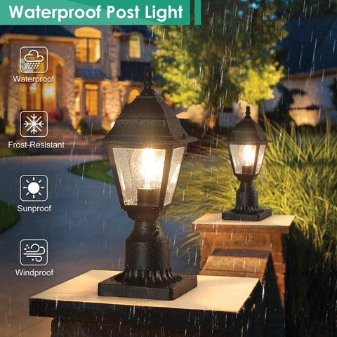 FOLKSMATE clear glass post lantern showing bright exterior glow