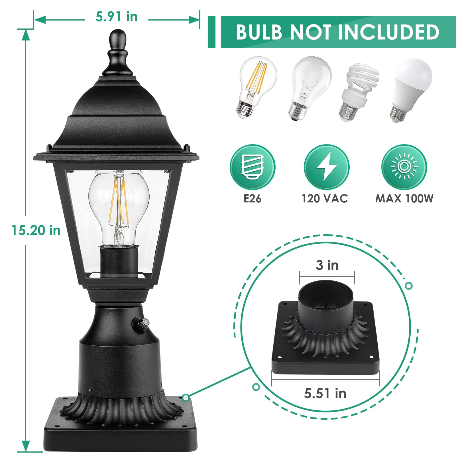 FOLKSMATE post lamp compatible with E26 bulbs for versatile lighting