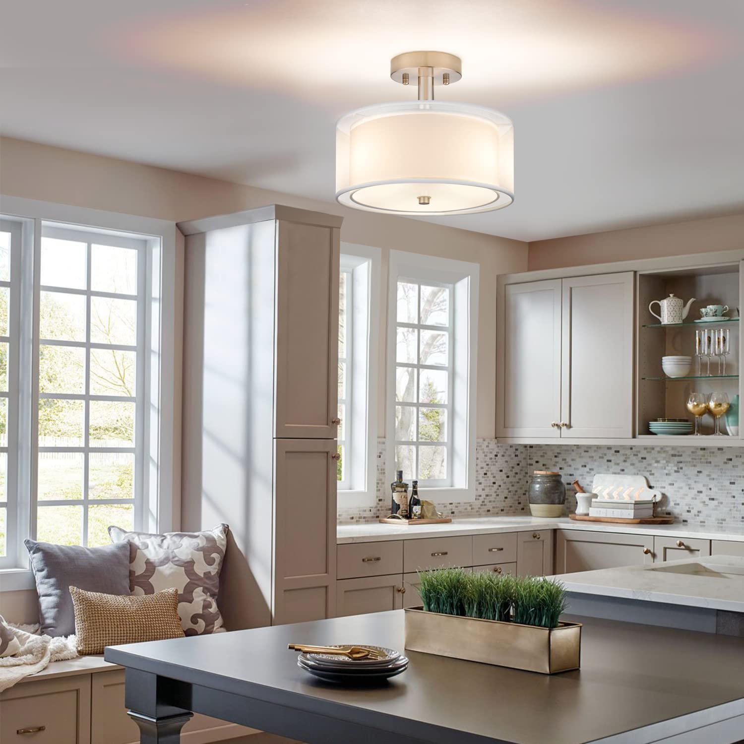 FOLKSMATE fixture on ceiling shows a soft, even light glow.