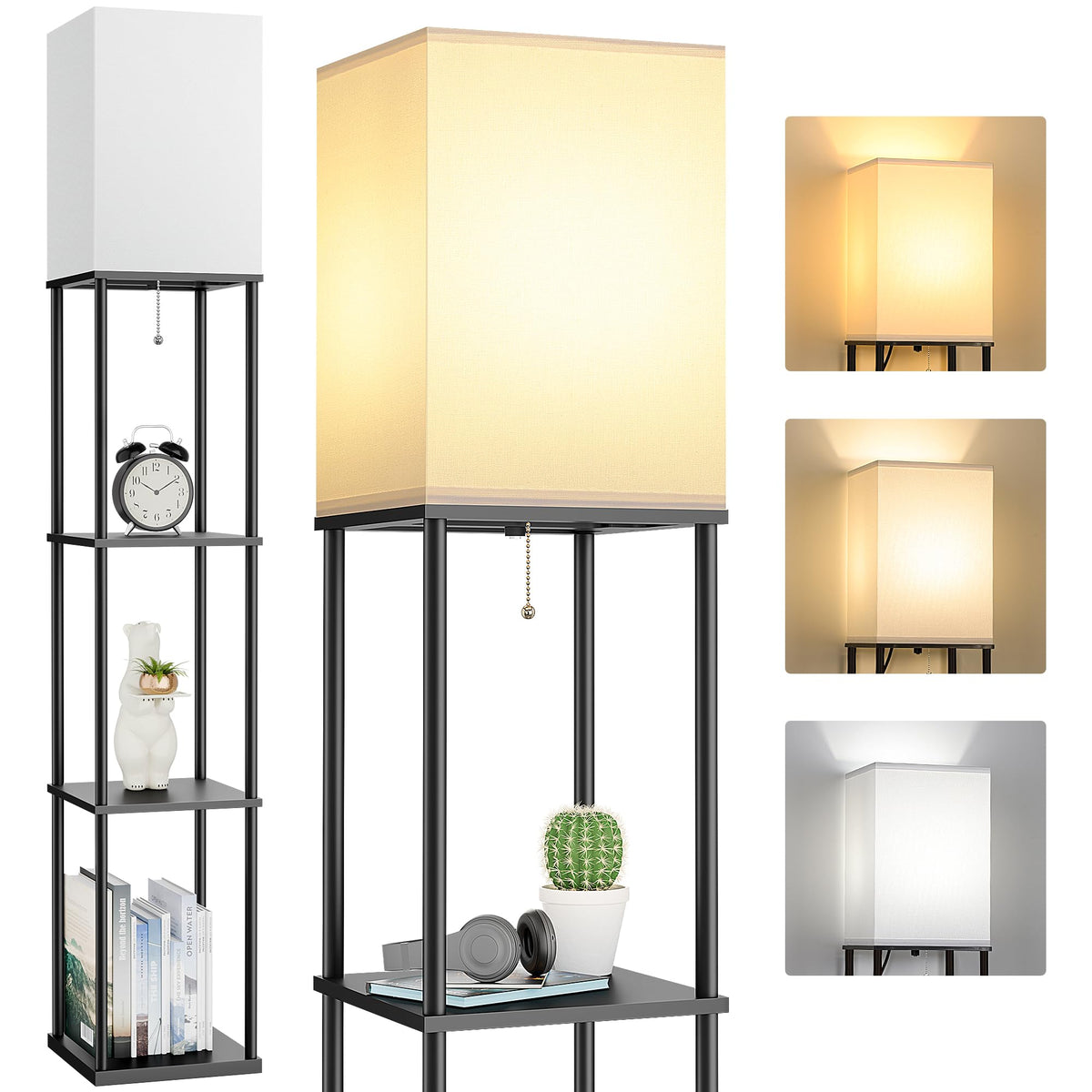 FOLKSMATE floor lamp with 3 tier shelves for organized living room storage and light