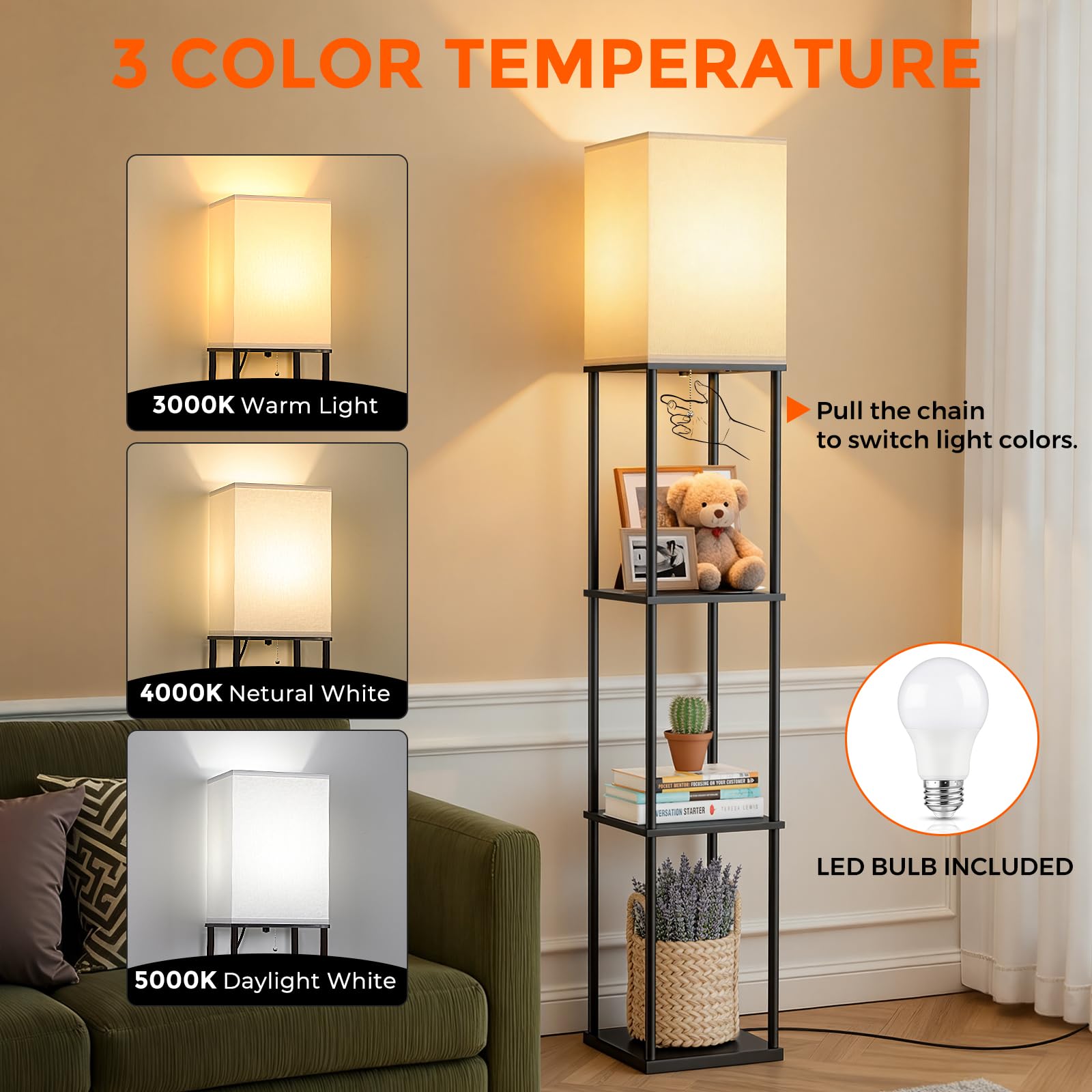 FOLKSMATE lamp with wooden shelves for decorative organization beside seating