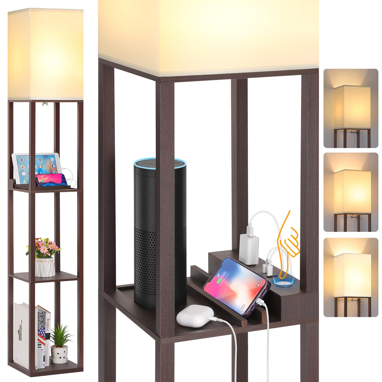 FOLKSMATE shelf LED floor lamp with wood frame displaying organized storage near sofa.