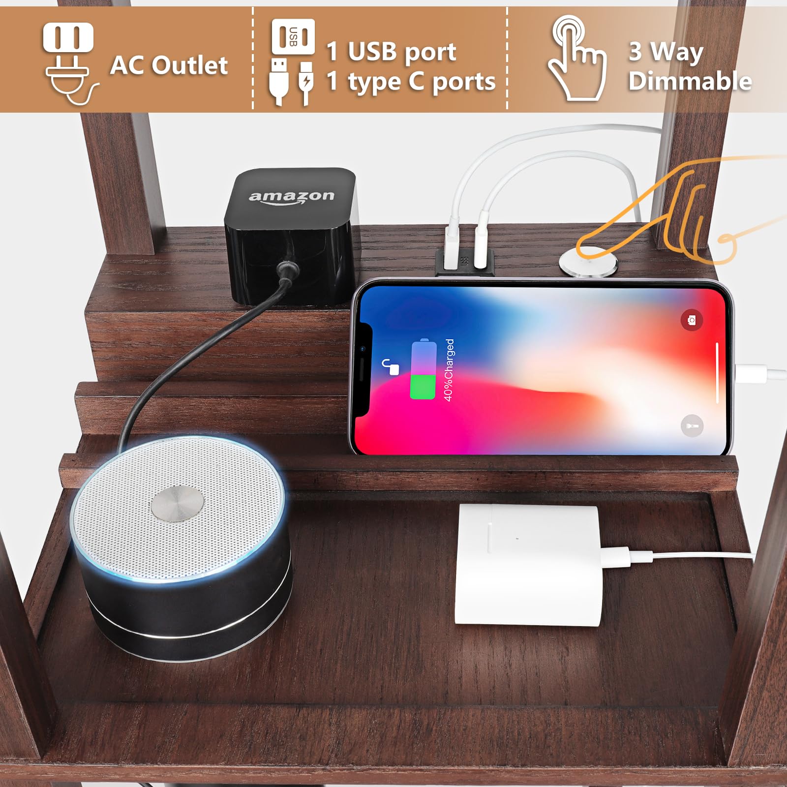 FOLKSMATE floor lamp with USB ports and outlet for convenient charging.