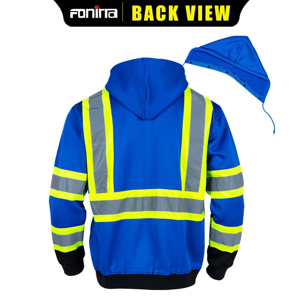 Fonirra hi-vis hoodie back view highlighting full coverage and reflectivity.