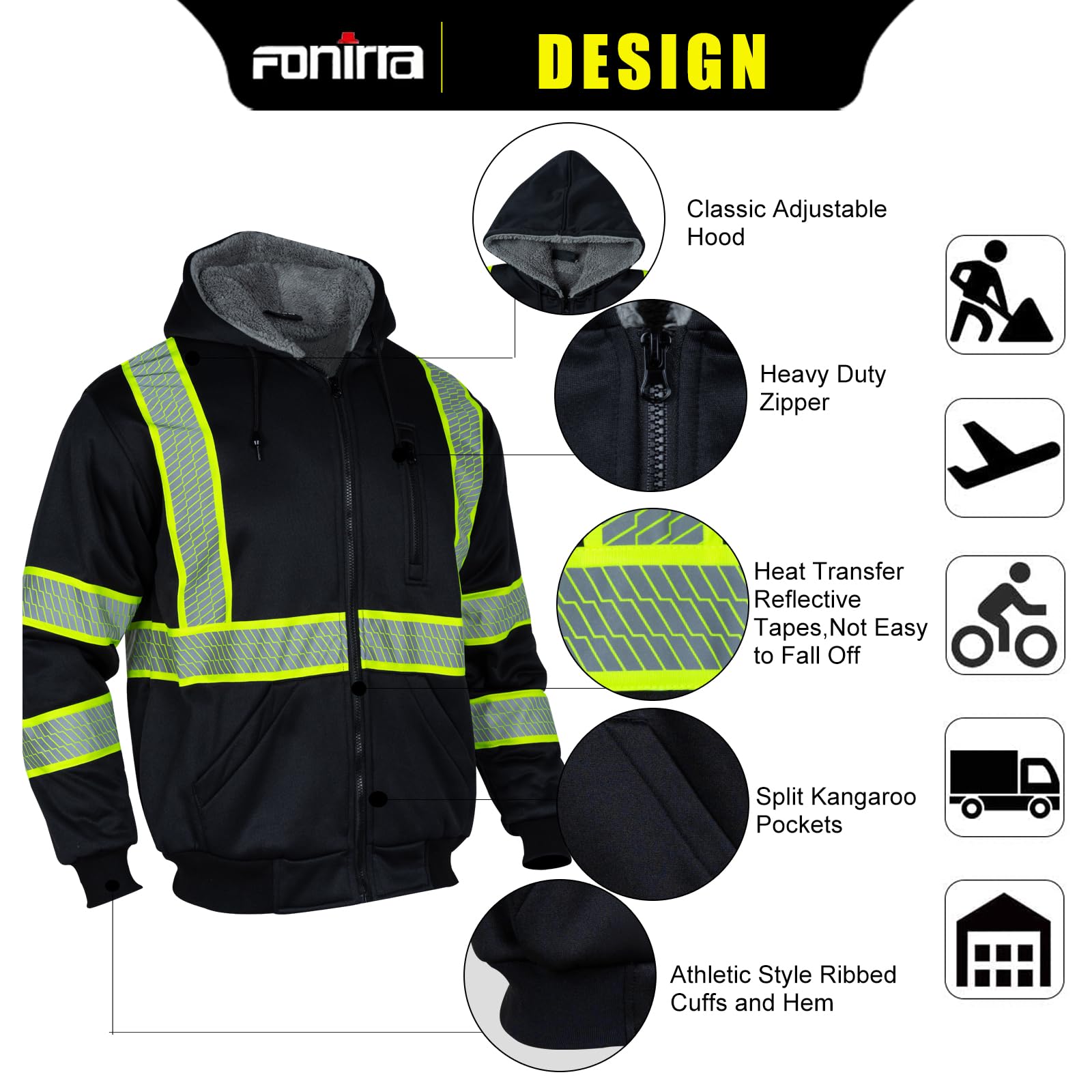 FONIRRA hi-vis hoodie back view showing full back reflectivity and coverage.