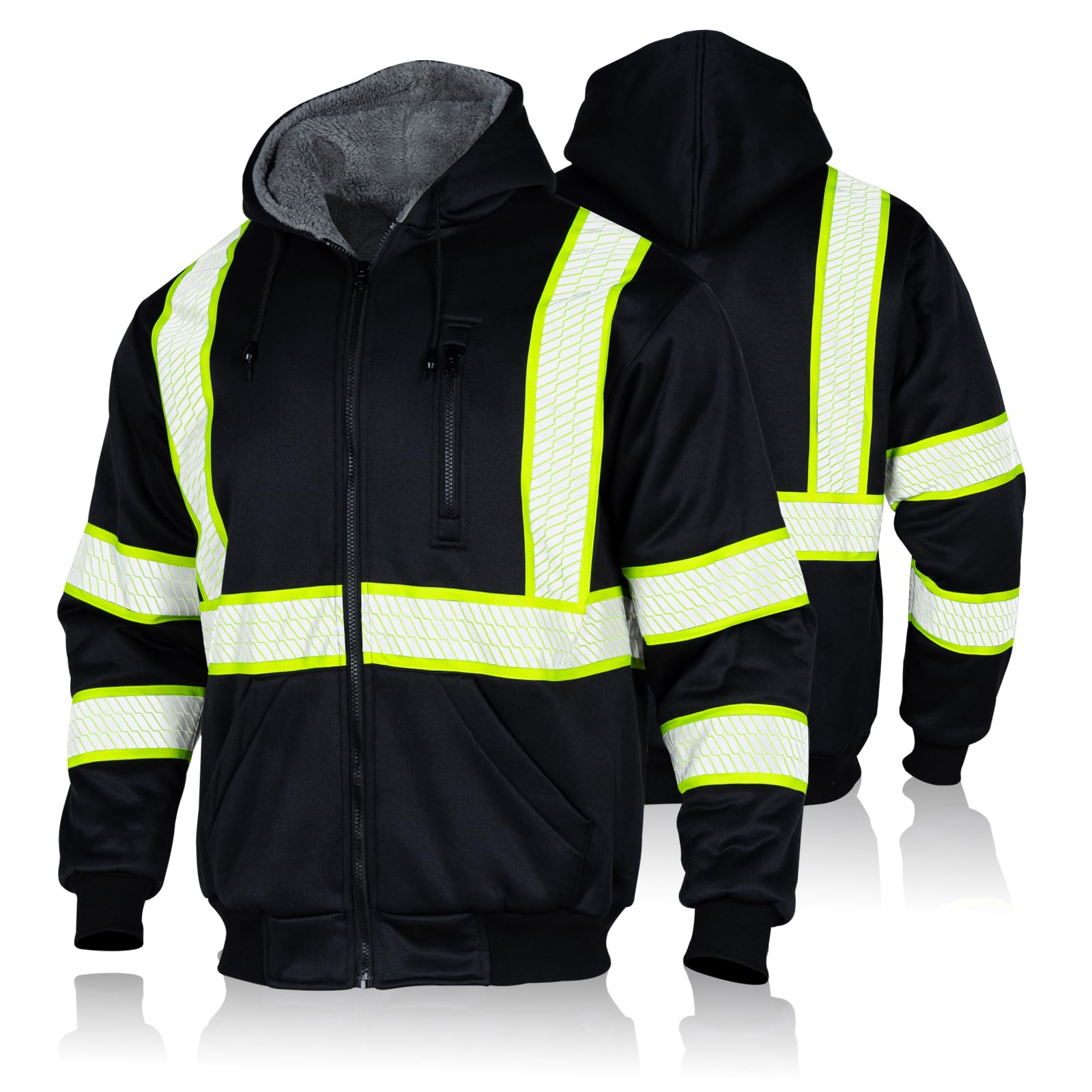 FONIRRA hi-vis hoodie front view with reflective strips for daytime and nighttime visibility.
