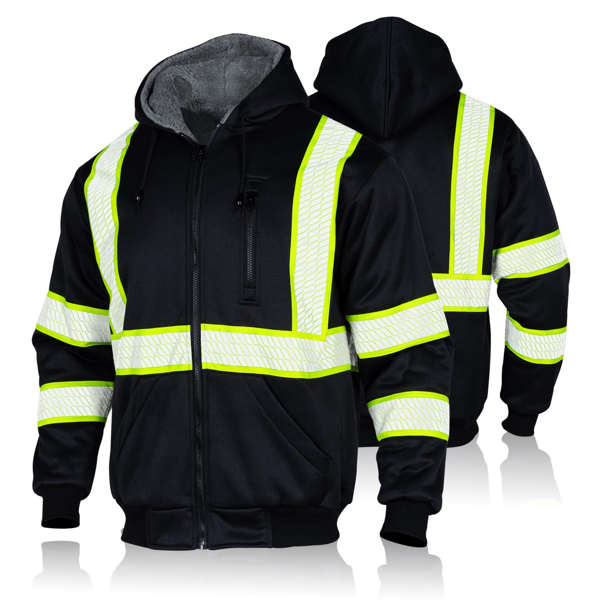 FONIRRA hi-vis hoodie front view with reflective strips for daytime and nighttime visibility.