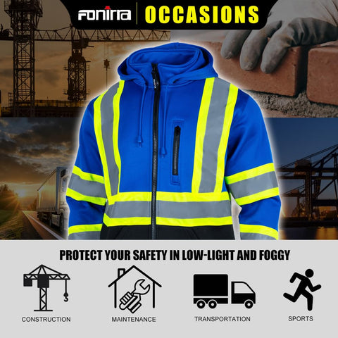Fonirra hi-vis hoodie kangaroo pocket provides warmth and storage.