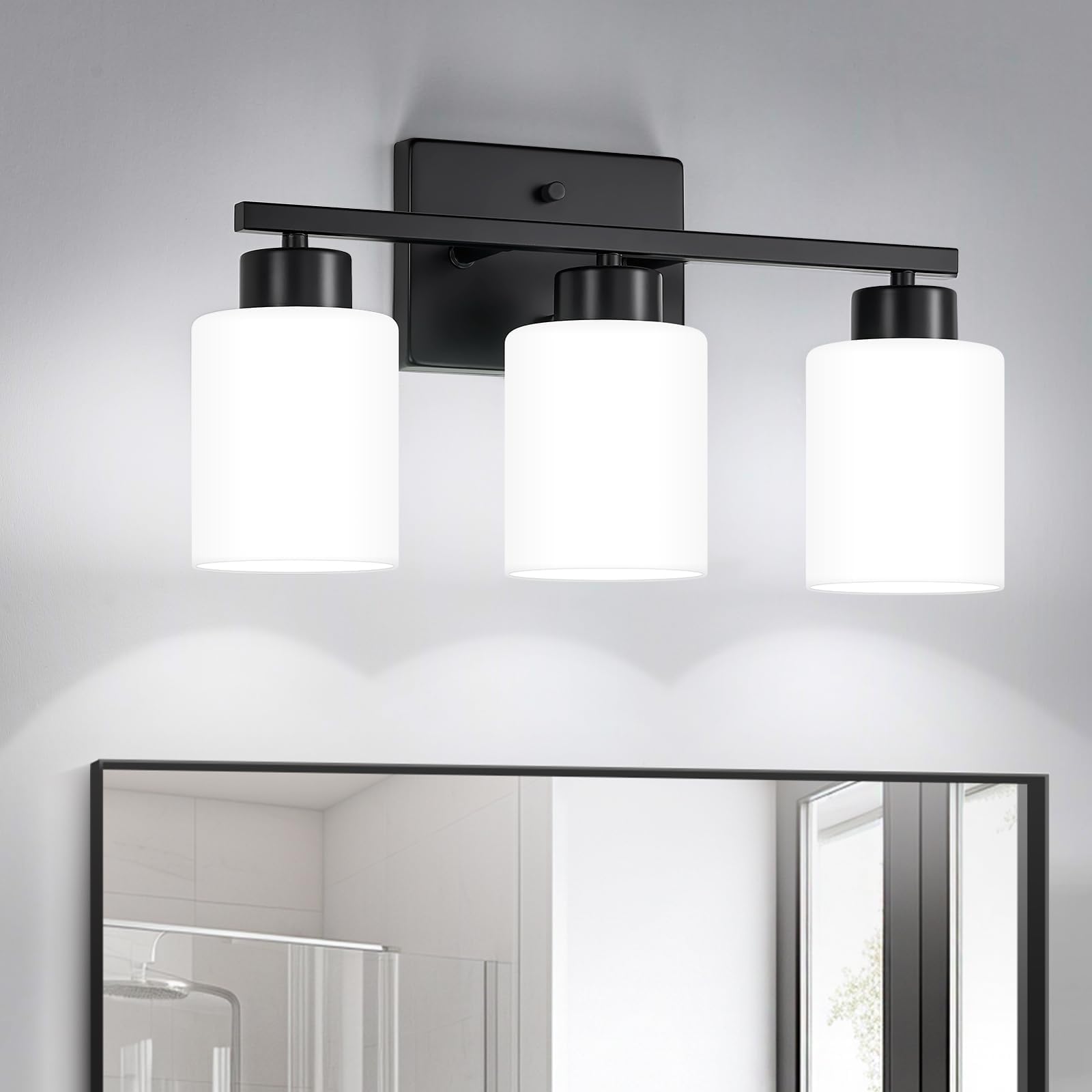 FonmYim black three-light vanity over mirror with milky frosted glass for soft illumination