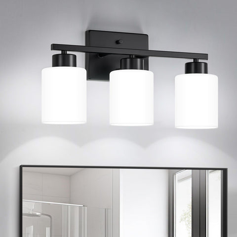 FonmYim black three-light vanity over mirror with milky frosted glass for soft illumination