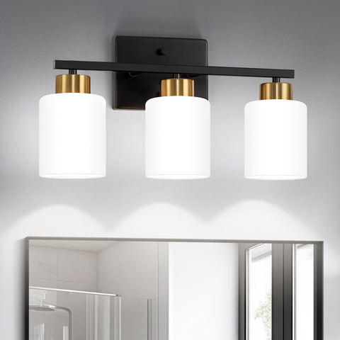 FonmYim 3-light vanity over mirror in black and gold finish for stylish bathroom lighting