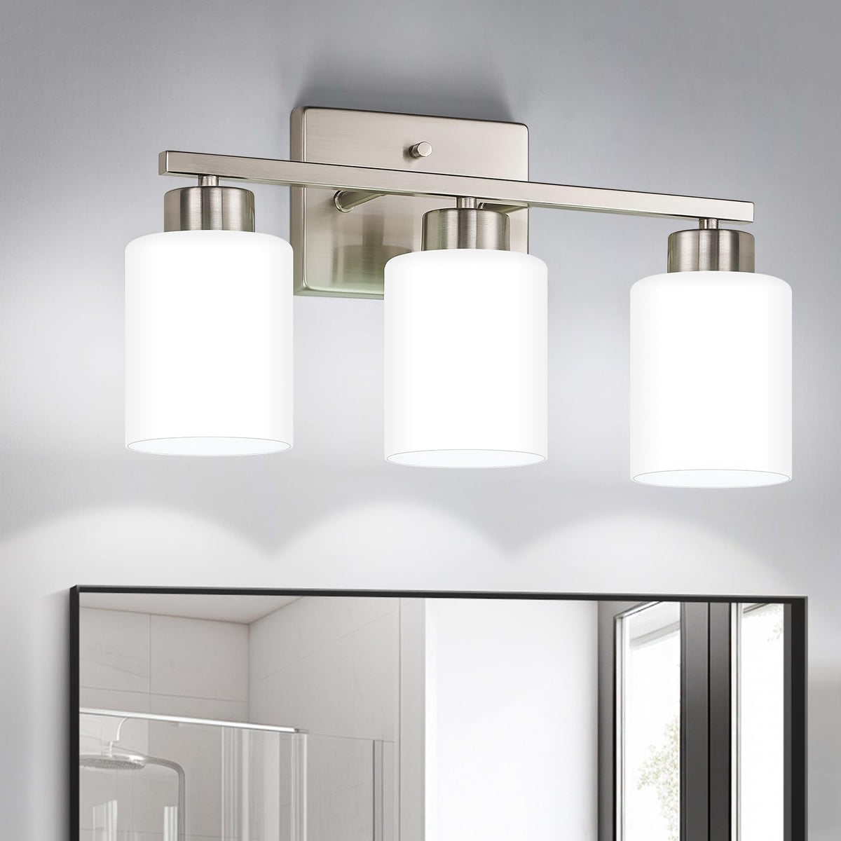 FonmYim brushed-nickel 3-light vanity over mirror for bright, even bathroom illumination