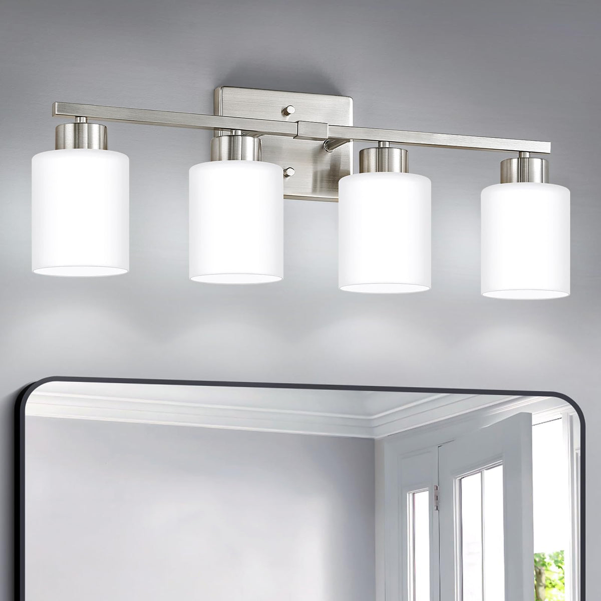 FonmYim vanity light over mirror with brushed nickel finish and milky glass shades, ideal for even bathroom lighting.
