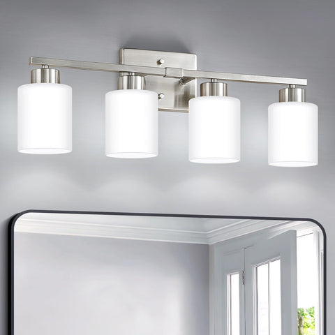 FonmYim vanity light over mirror with brushed nickel finish and milky glass shades, ideal for even bathroom lighting.
