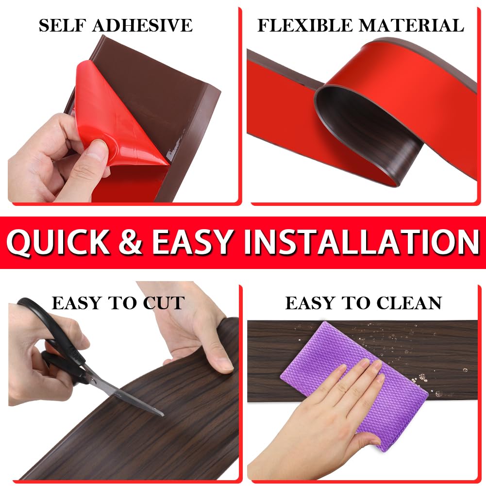 Close-up of FONUNO baseboard adhesive backing showing peel-and-stick readiness.