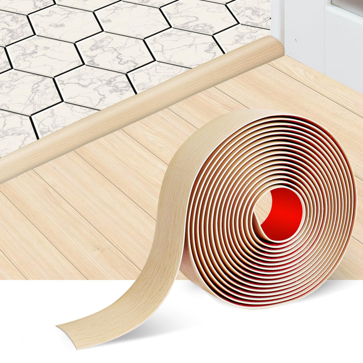 FONUNO beige wood grain floor transition strip with self-adhesive backing for easy installation.