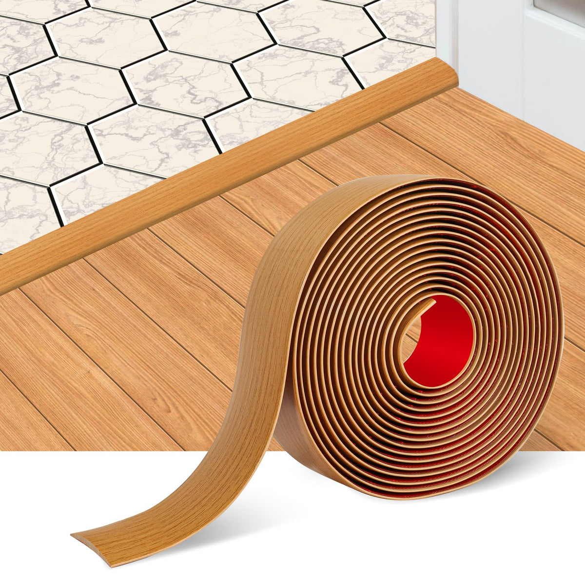 FONUNO floor transition strip in light brown wood grain for seamless laminate joins
