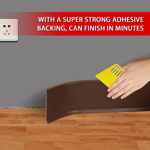 FONUNO peel and stick baseboard brown install demonstrates screw free mounting